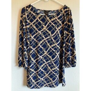Ann Taylor Women’s Top Navy Blue Career 3/4 Sleeve Boat Neck Chain/Belts Small